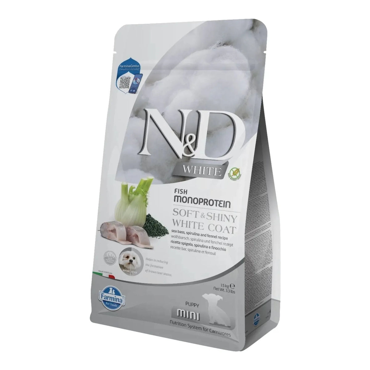 Saco del pienso Farmina White para cachorros mini de lubina, espirulina e hinojo