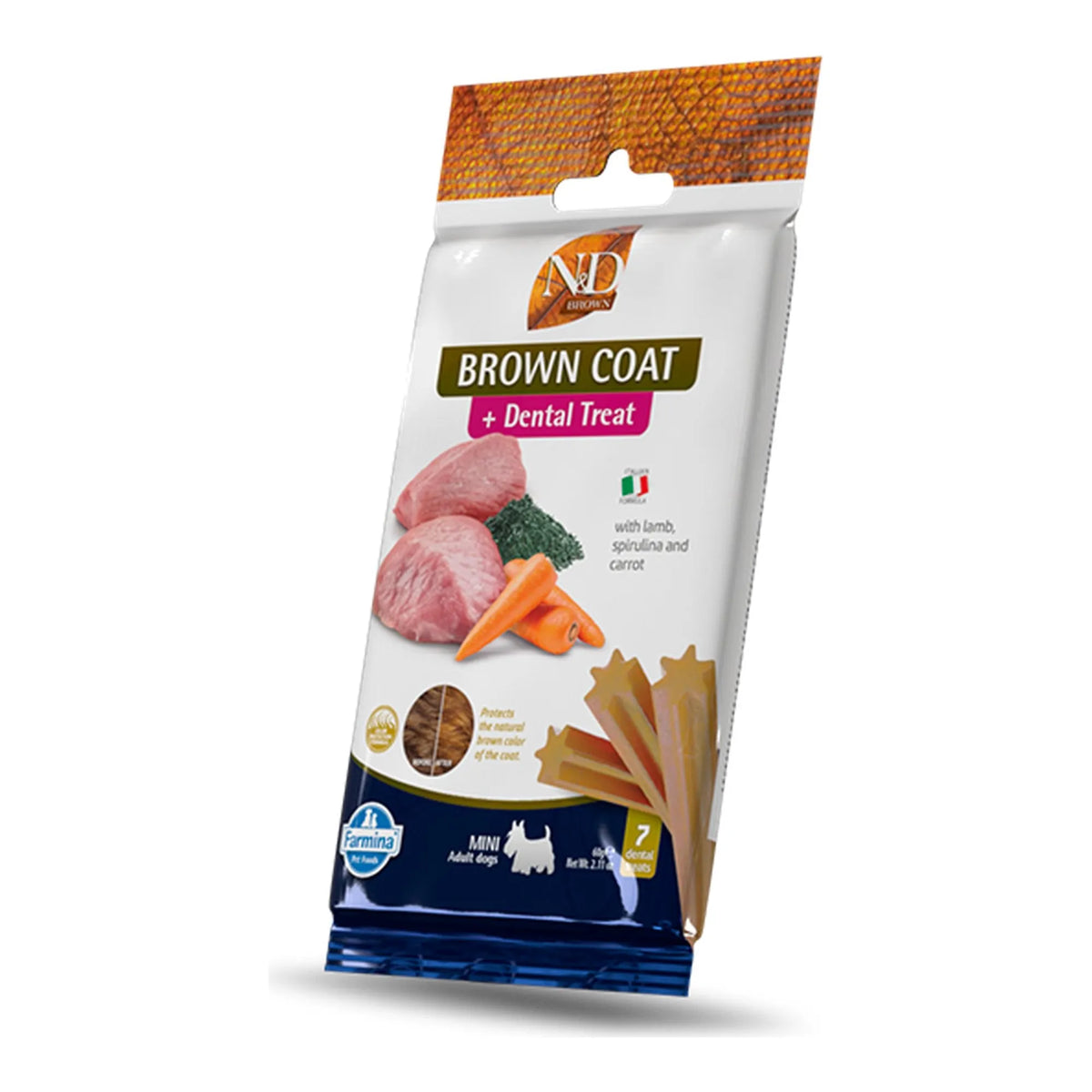 Bolsa de snack dental Farmina Brown para perros de raza pequeña, formato Mini