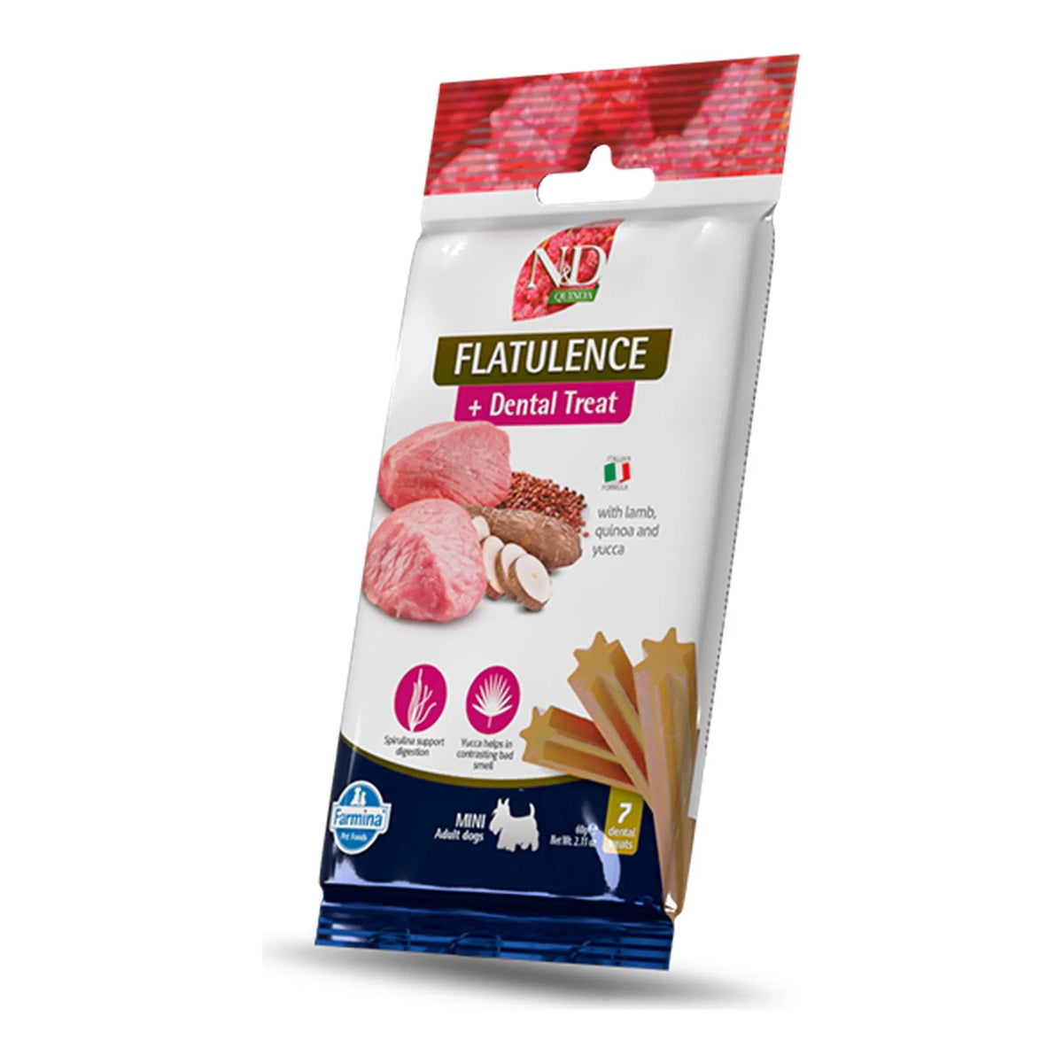 Bolsa mini del snack dental Farmina Flatulence con barritas asomando