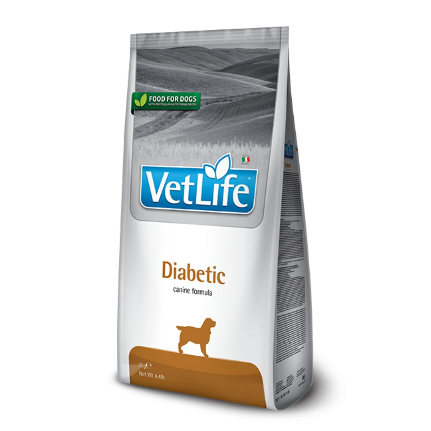Saco de pienso Farmina Vet Life Diabetic para perros con diabetes mostrado en vista frontal con logotipo VetLife y silueta de perro