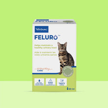 Caja Feluro Virbac 60 ml sobre fondo verde lima, etiqueta blanca y verde con gato atigrado, texto Helps maintain a healthy urinary tract, iconos 97% de origen natural, fácil de administrar, sabroso y para todas las tallas, everyday care