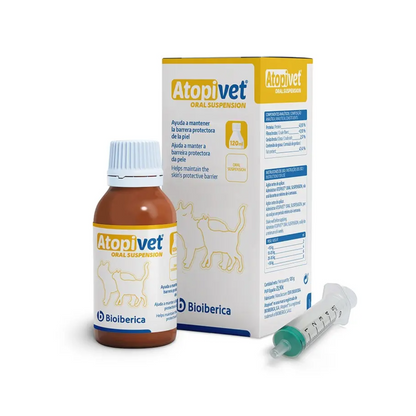 Atopivet Suspensión Oral de Bioiberica para perros y gatos, 120 ml, frasco de 120 ml con jeringa dosificadora, EAN 8430336091991