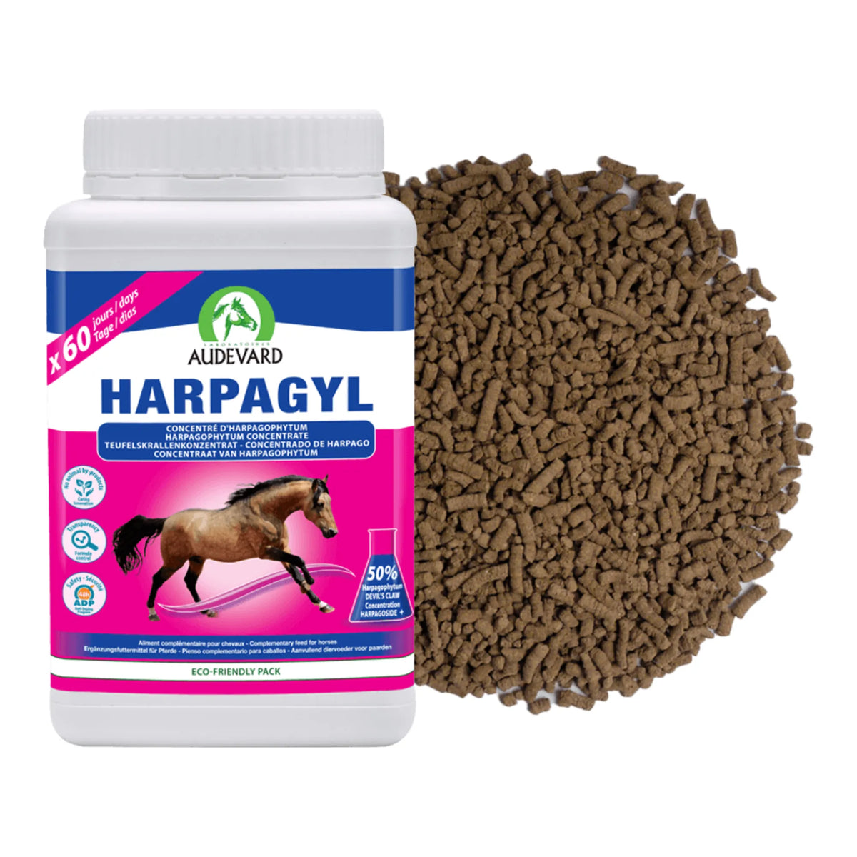 Bote de Harpagyl Audevard harpagofito para caballos junto a su granulado marrón