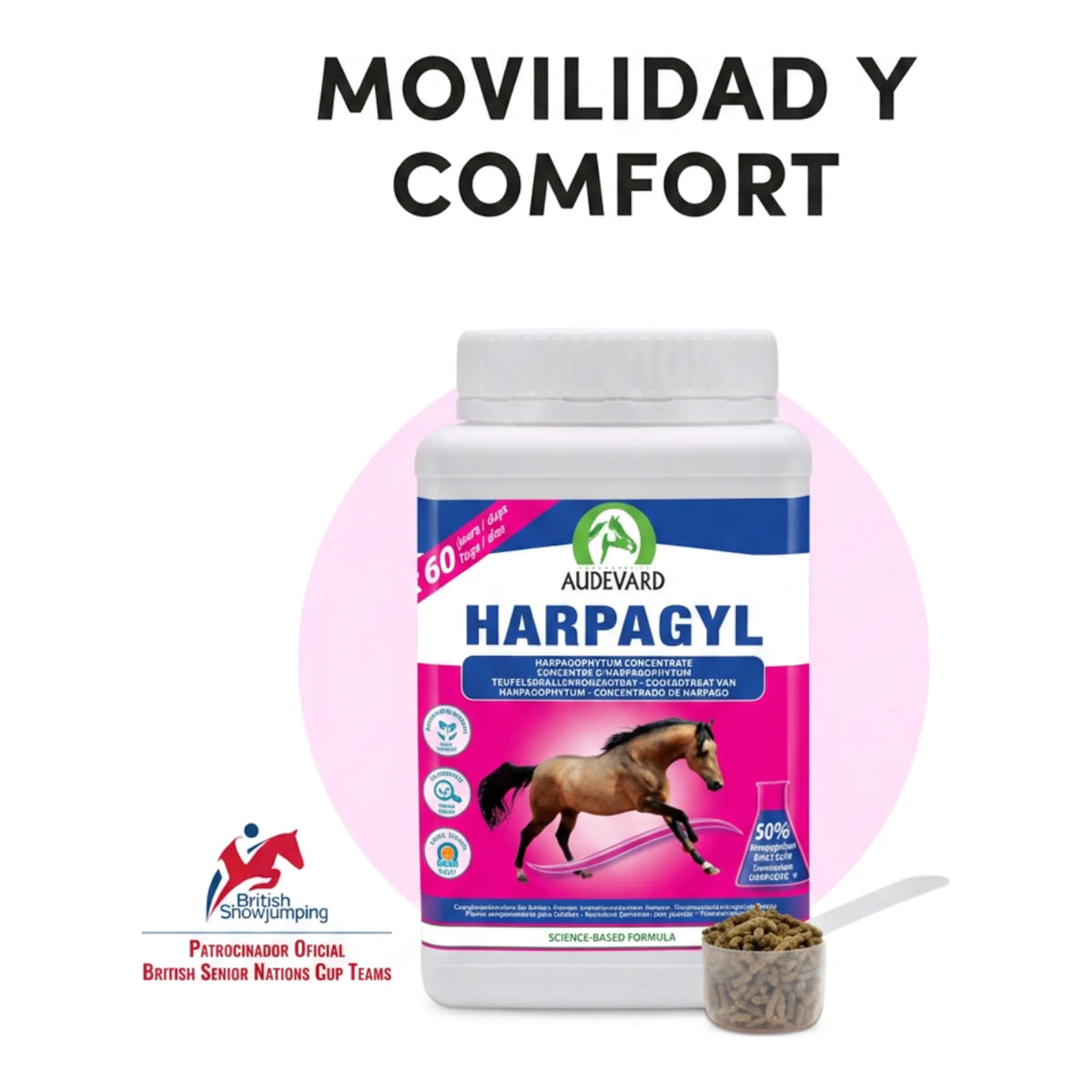 Bote de Harpagyl Audevard harpagofito para caballos con cacito sobre fondo rosa y titular de movilidad y confort