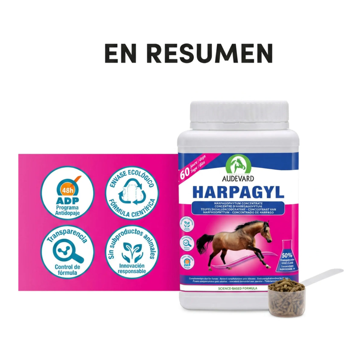 Resumen visual de Harpagyl Audevard harpagofito para caballos con cacito y sellos de calidad