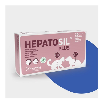 Estuche de 30 comprimidos de Hepatosil Plus para razas pequeñas y gatos de Pharmadiet, EAN 8414042006074