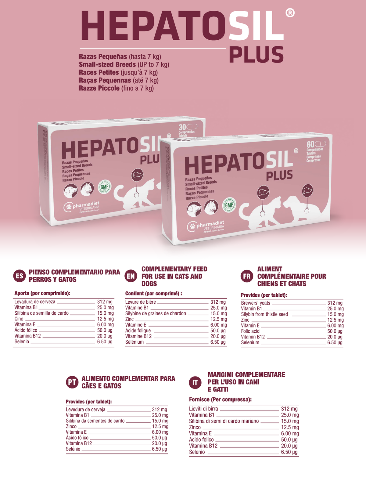 Ficha técnica oficial de Hepatosil Plus razas pequeñas con la composición por comprimido