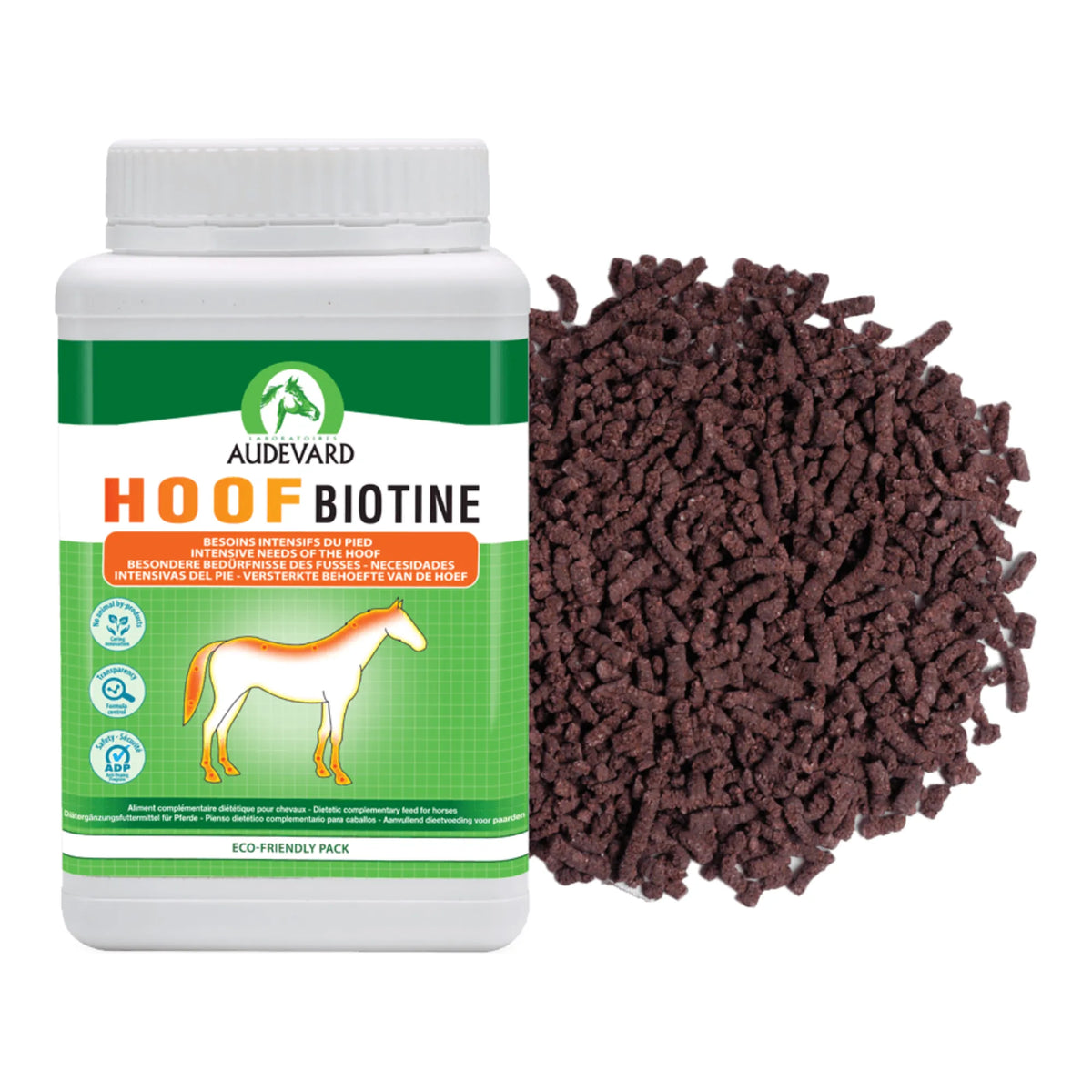Hoof Biotine Audevard para caballos, bote con etiqueta verde y granulado oscuro