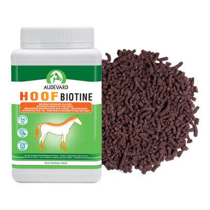 Hoof Biotine Audevard para caballos, bote con etiqueta verde y granulado oscuro
