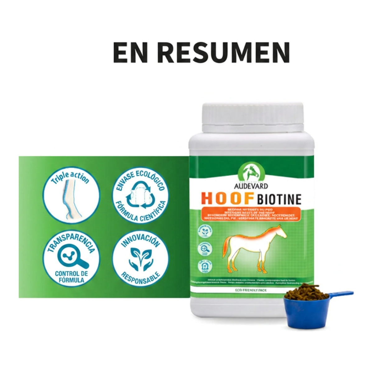 Hoof Biotine Audevard para caballos: resumen visual con el bote y los sellos de calidad