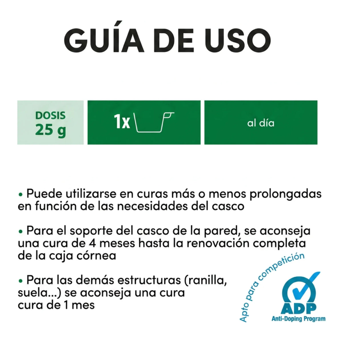 Guía de uso de Hoof Biotine con dosis de 25 gramos al día
