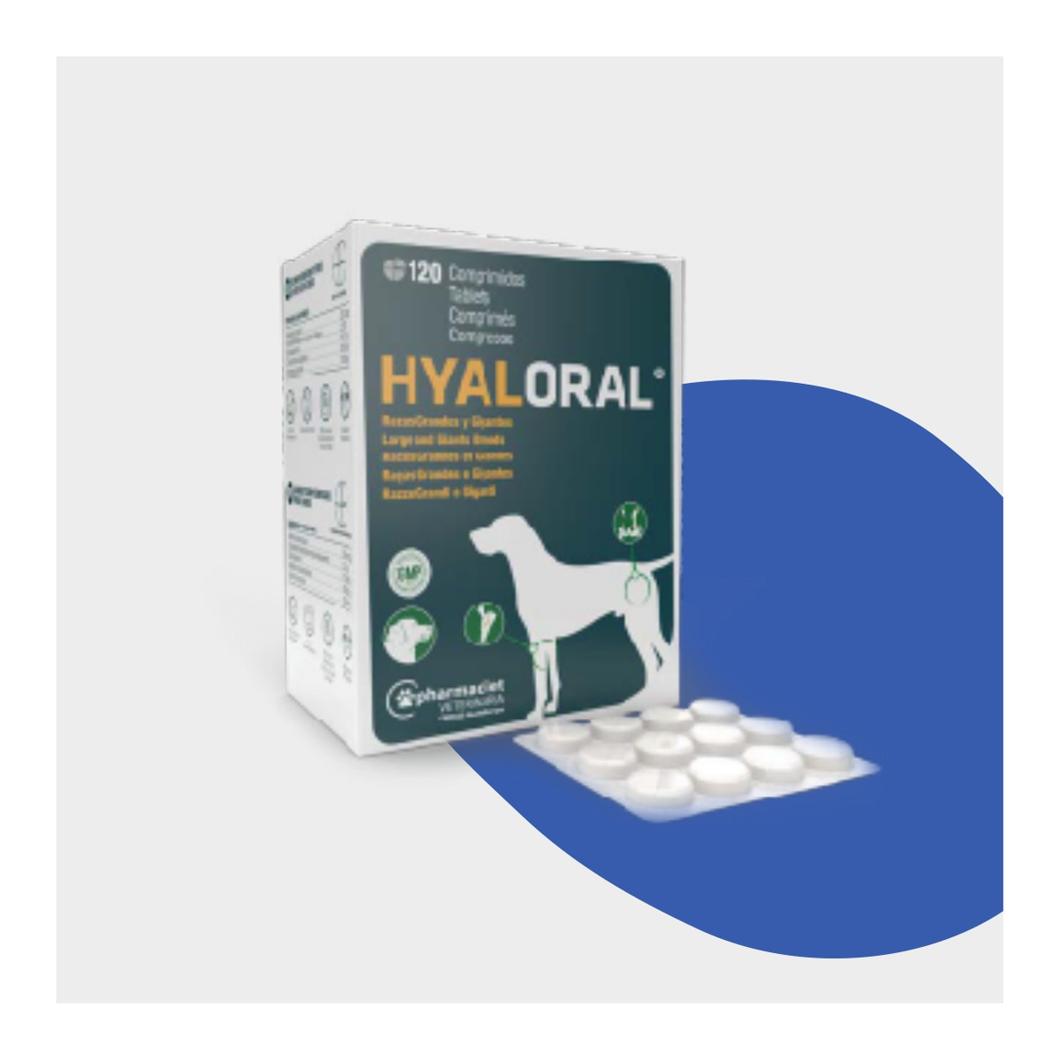 Estuche de Hyaloral comprimidos para perros de razas grandes y gigantes de Pharmadiet, 120 comprimidos, EAN 8437002582739