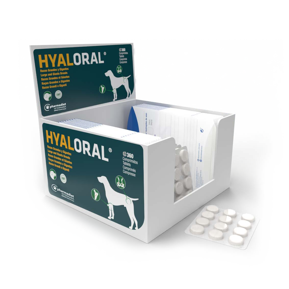Expositor de 360 comprimidos de Hyaloral para perros de razas grandes y gigantes de Pharmadiet, EAN 8414042003882