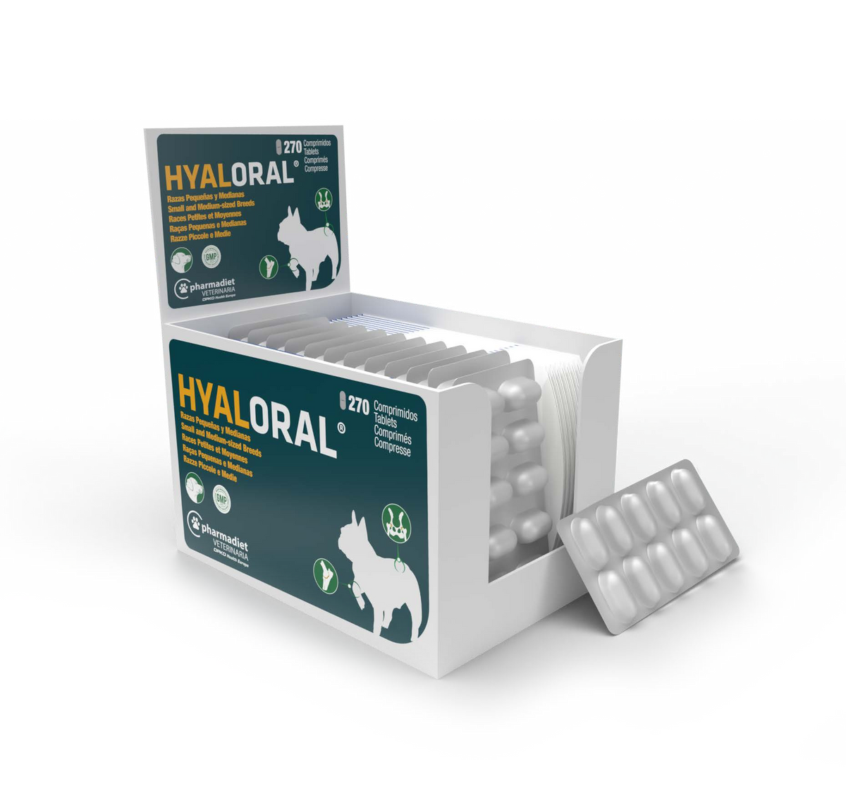 Expositor de 270 comprimidos de Hyaloral para perros de razas pequeñas y medianas de Pharmadiet, EAN 8414042003486