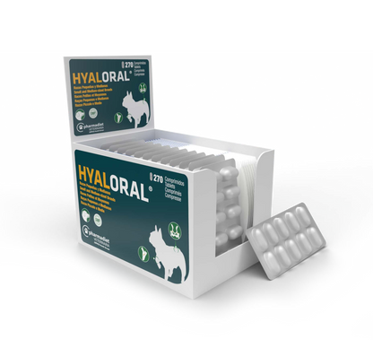 Expositor de 270 comprimidos de Hyaloral para perros de razas pequeñas y medianas de Pharmadiet, EAN 8414042003486