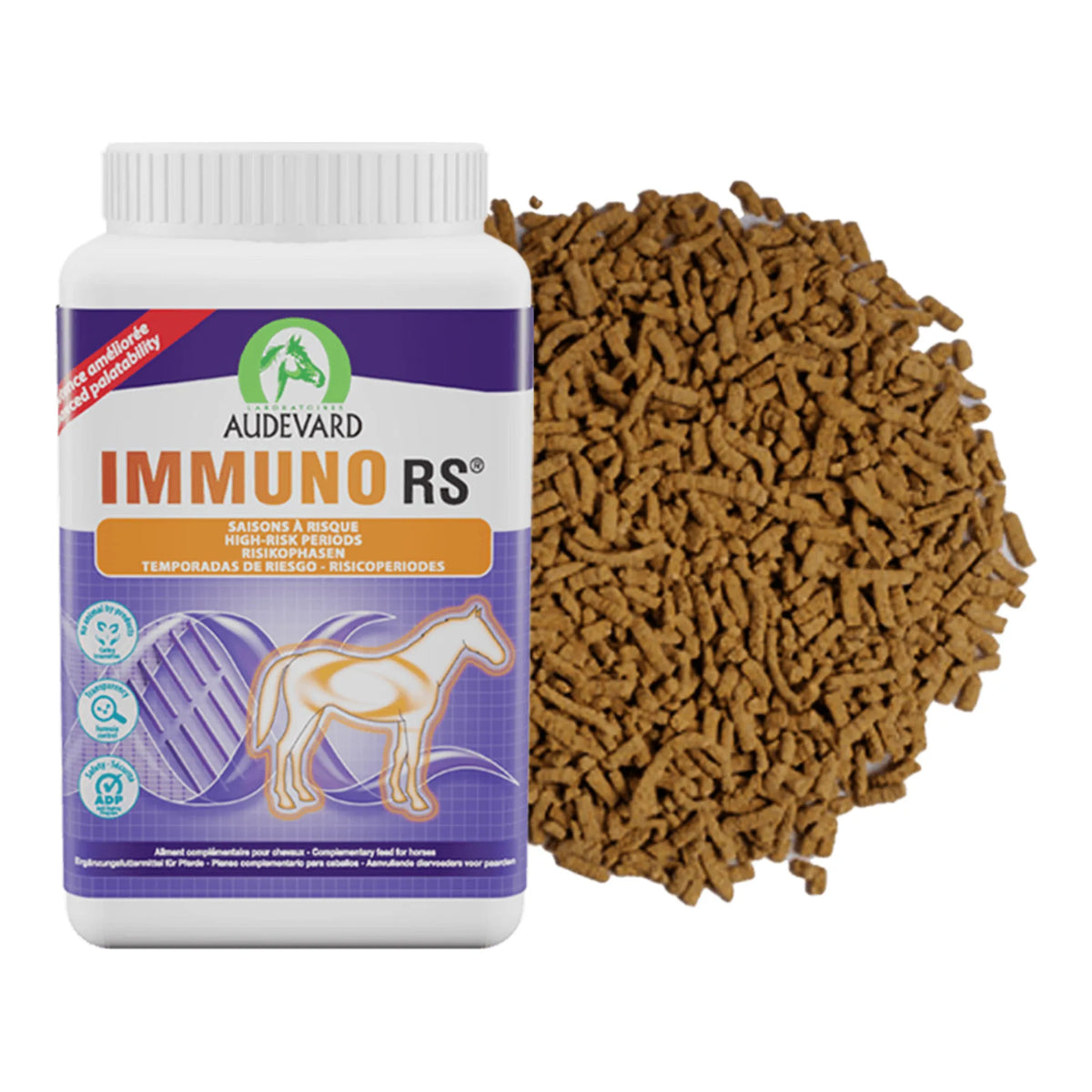 Bote de Immuno RS Audevard para caballos junto a su granulado marrón