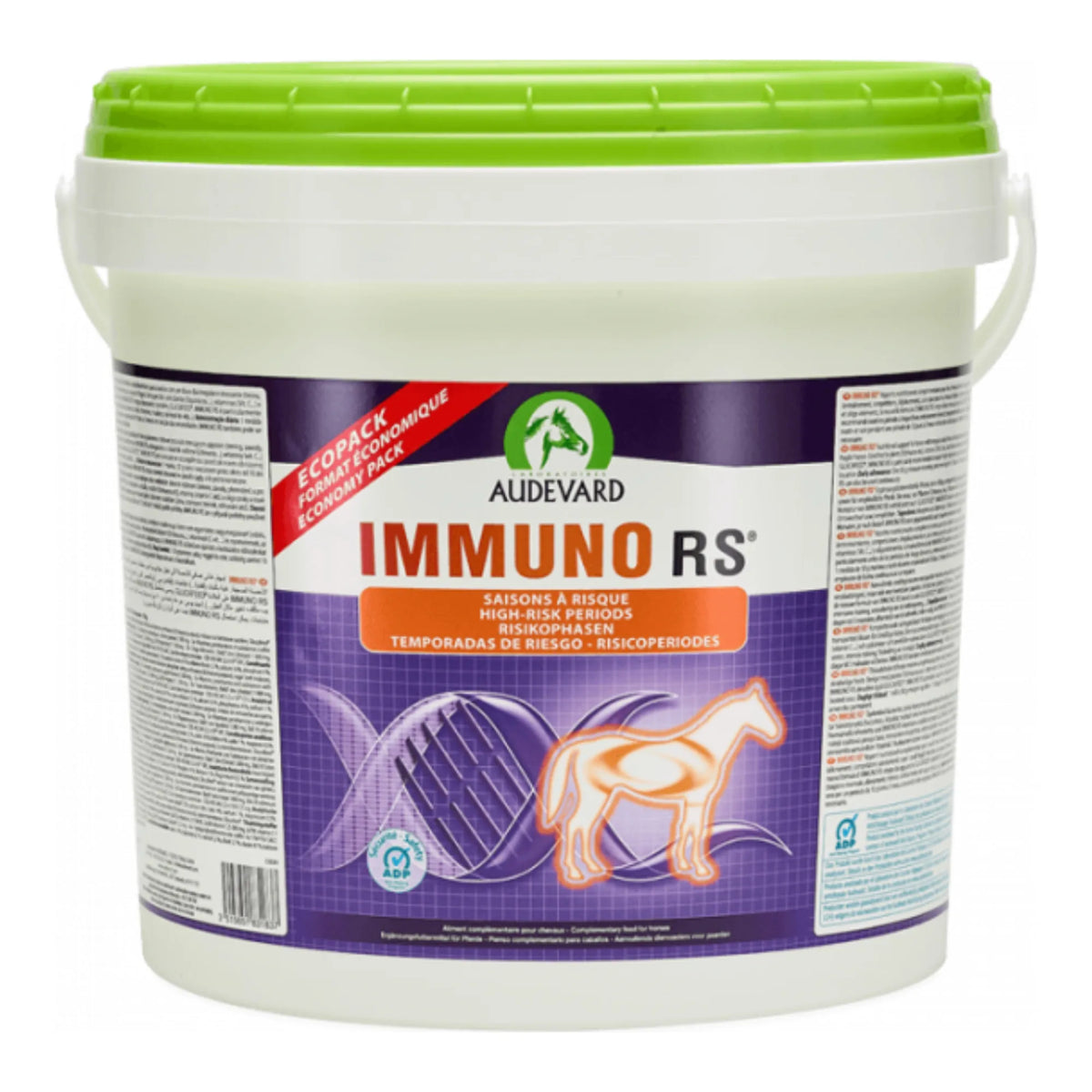 Cubo de 5 kg con tapa verde de Immuno RS Audevard para caballos