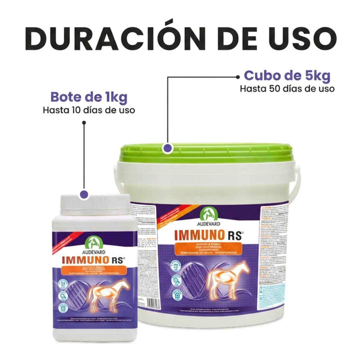 Bote de 1 kg y cubo de 5 kg de Immuno RS Audevard para caballos con su duración