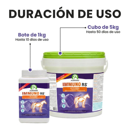 Bote de 1 kg y cubo de 5 kg de Immuno RS Audevard para caballos con su duración