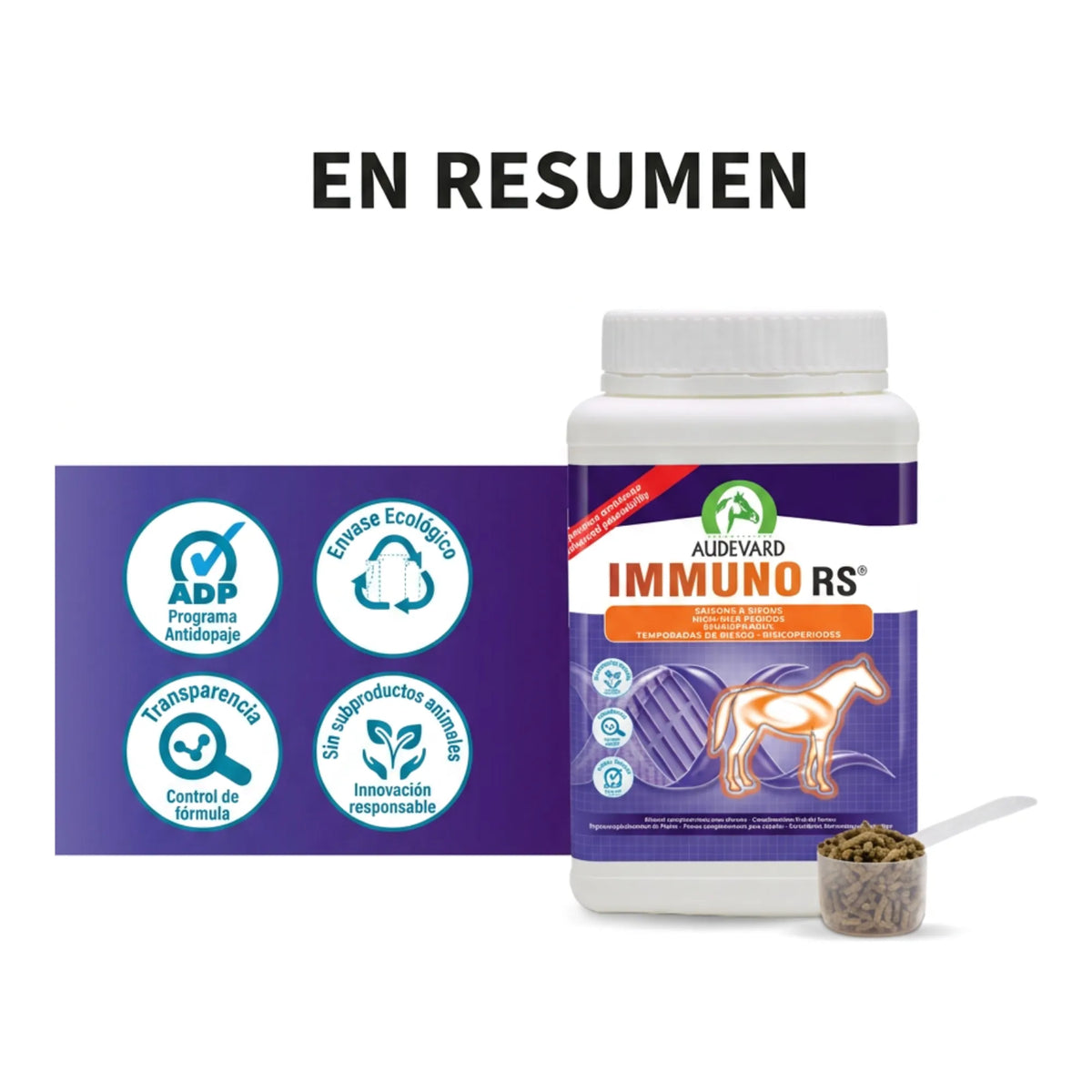 Resumen visual de Immuno RS Audevard para caballos con cacito y sellos de calidad