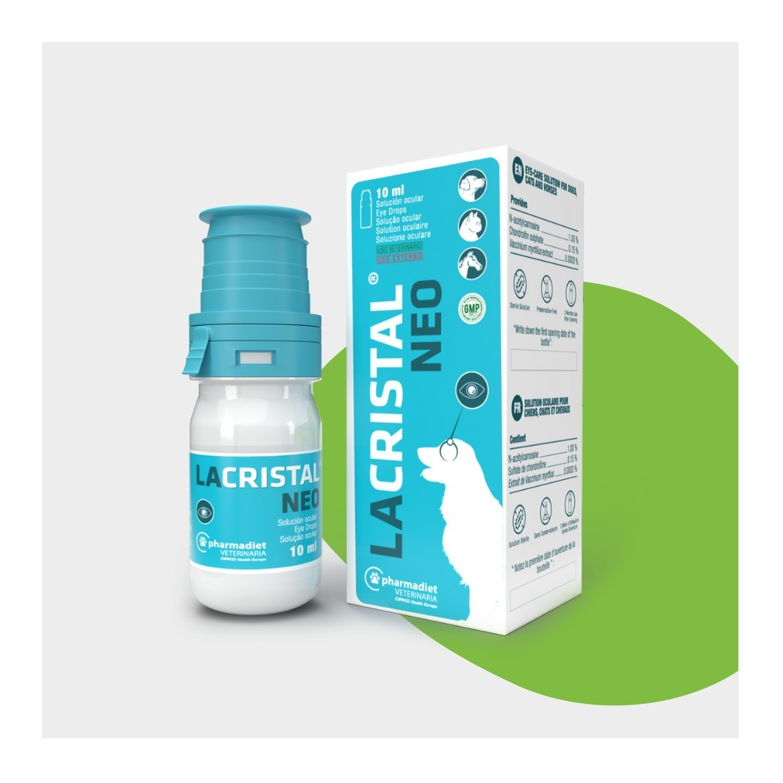 Frasco y estuche de Lacristal Neo gotas para perros y gatos de Pharmadiet, 10 ml, EAN 8414042003493