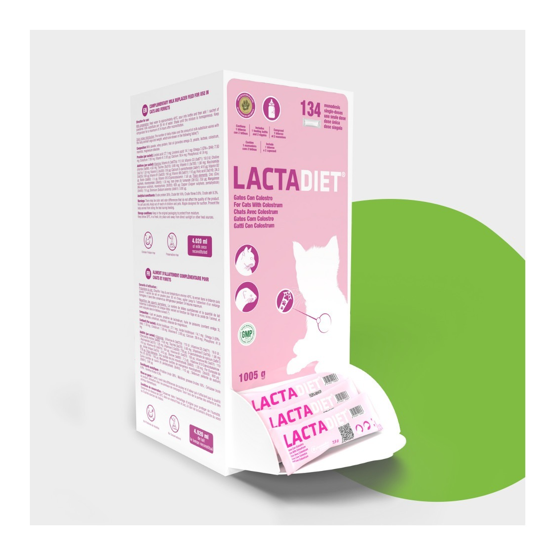 Estuche de 134 sobres de Lactadiet leche maternizada para gatitos de Pharmadiet con biberón, EAN 8414042003592