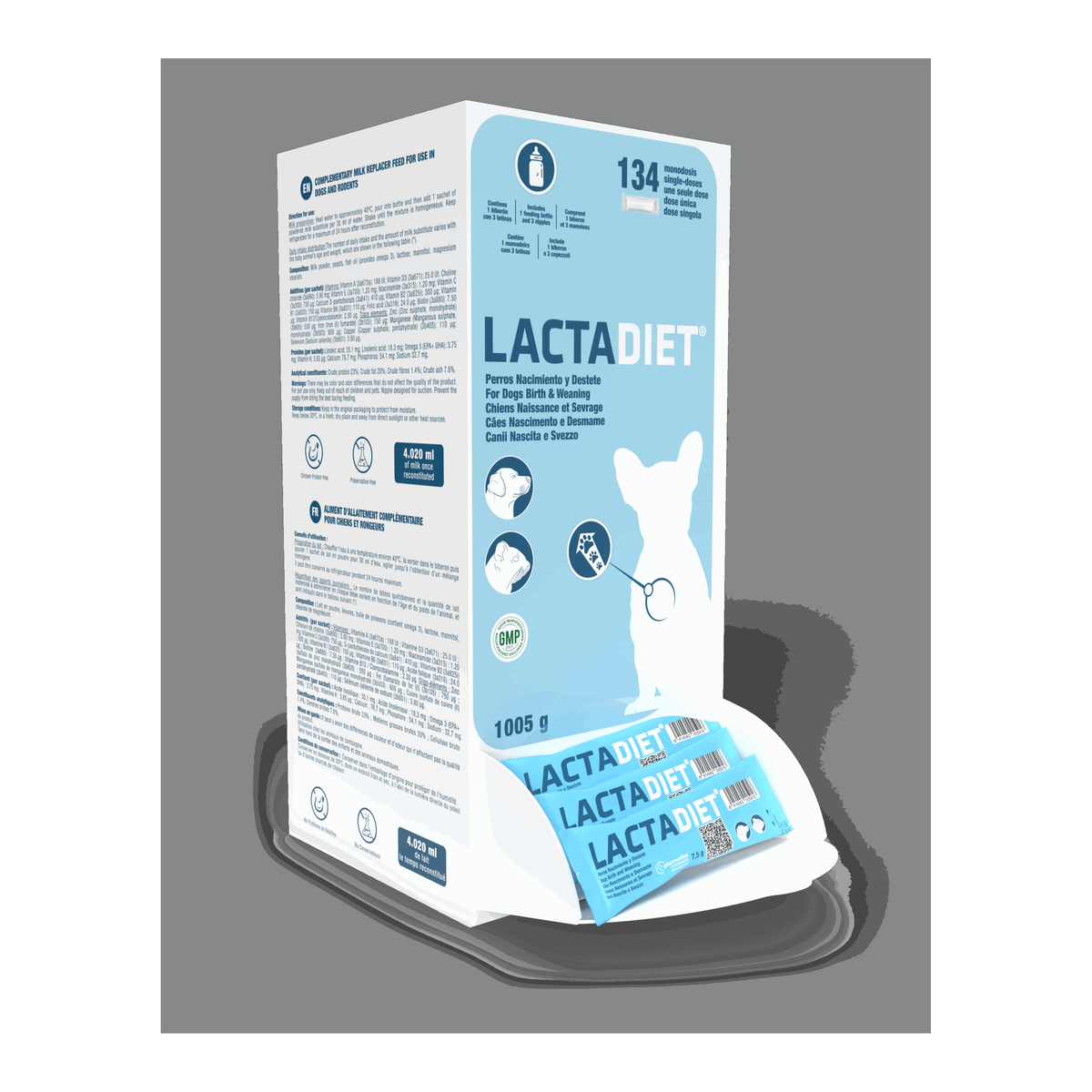 Estuche de 134 sobres de Lactadiet Nacimiento y Destete para cachorros de Pharmadiet con biberón, EAN 8414042003615