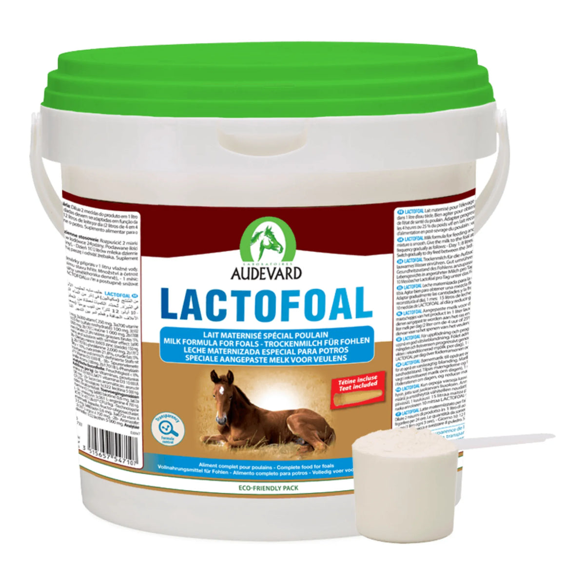 leche maternizada Lactofoal para potros, cubo con tapa verde y cacito de polvo
