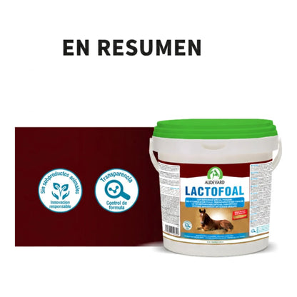 leche maternizada Lactofoal para potros: resumen visual del cubo con sellos de calidad