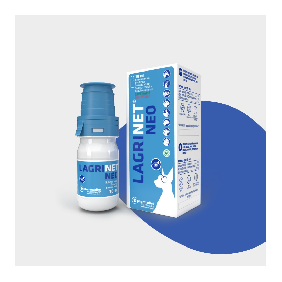 Frasco y estuche de Lagrinet Neo lágrima artificial para mascotas de Pharmadiet, 10 ml, EAN 8414042003912