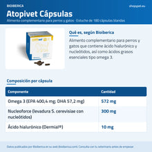 Lámina de ShopyPet con la composición de cada cápsula de Atopivet: omega 3, Nucleoforce y ácido hialurónico