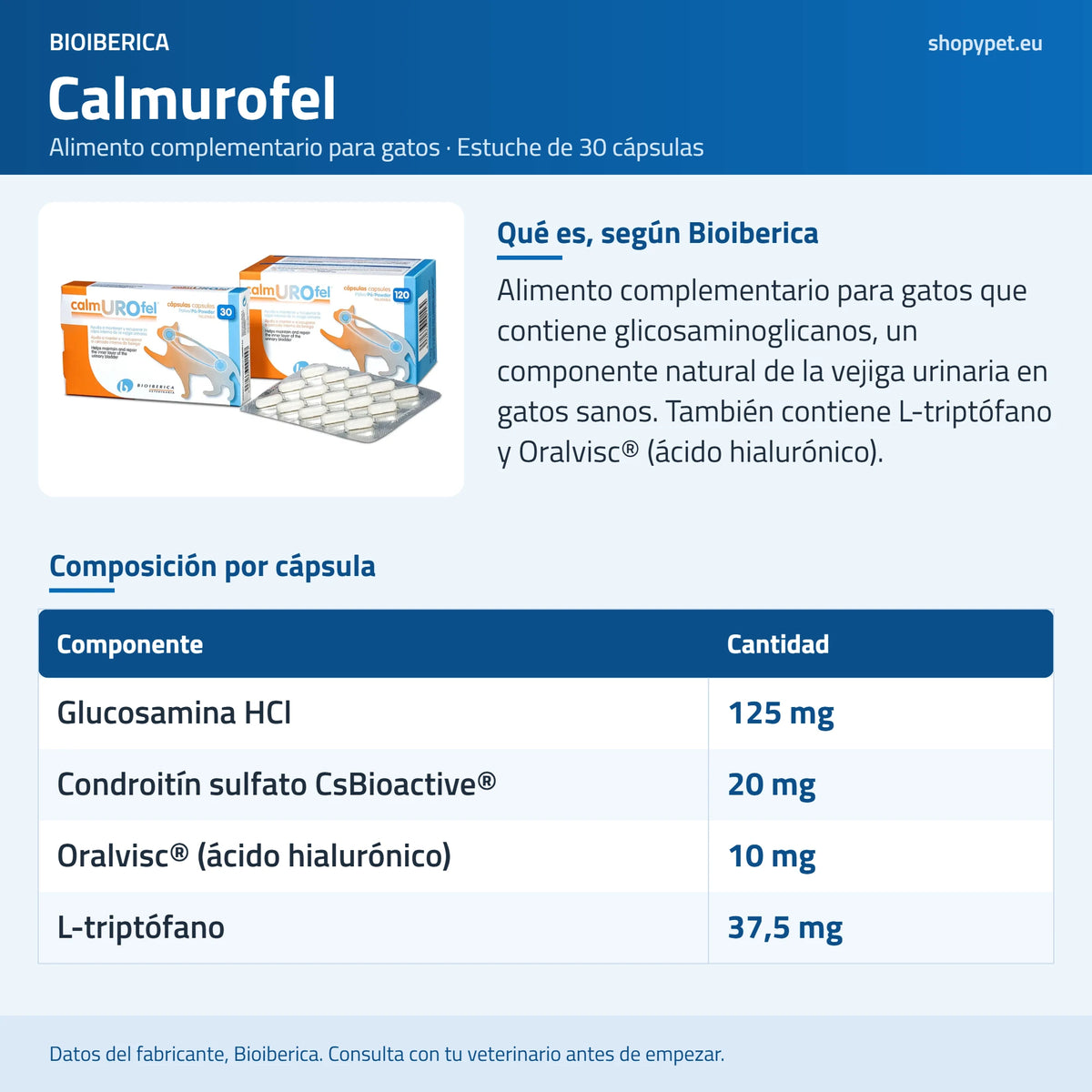 Lámina de composición por cápsula de Calmurofel junto al estuche de 30 cápsulas, con 37,5 mg de L-triptófano