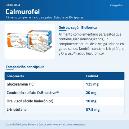 Lámina de composición por cápsula de Calmurofel junto al estuche de 30 cápsulas, con 37,5 mg de L-triptófano