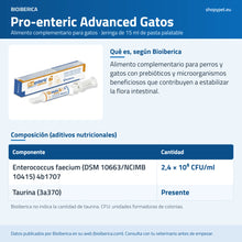 Lámina de ShopyPet con la composición de Pro-enteric Advanced para gatos: Enterococcus faecium y taurina