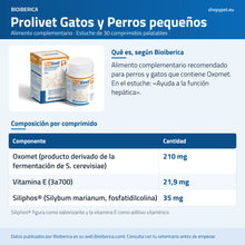 Lámina con la composición por comprimido de Prolivet Gatos y Perros pequeños: Oxomet, vitamina E y Siliphos