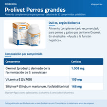 Lámina con la composición de cada comprimido de Prolivet para perros grandes: Oxomet, vitamina E y Siliphos