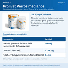 Lámina con lo que aporta cada comprimido de Prolivet Perros medianos según Bioiberica