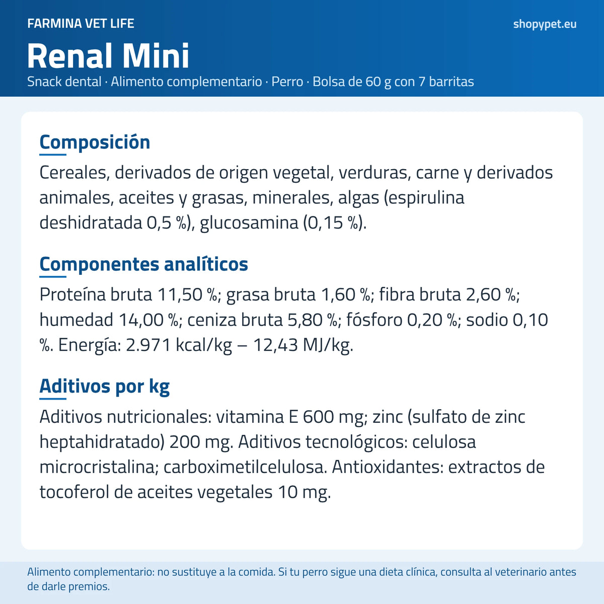 Lámina de fondo claro con la composición del snack dental renal mini, ingrediente a ingrediente