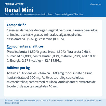 Lámina de fondo claro con la composición del snack dental renal mini, ingrediente a ingrediente