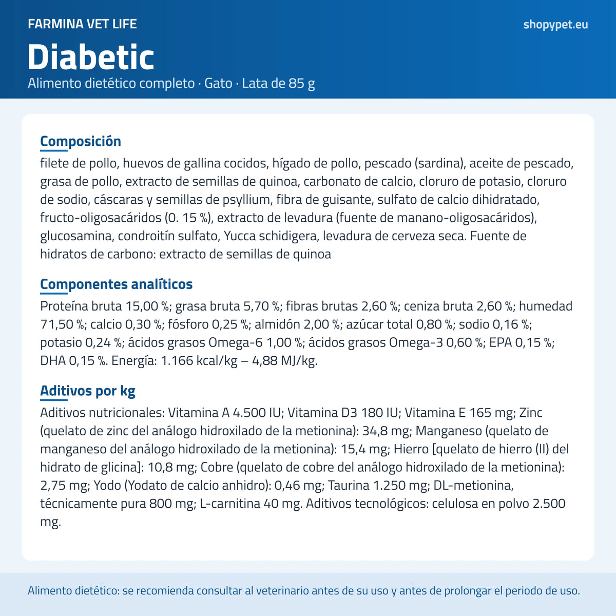 Lámina de ShopyPet sobre fondo claro con todos los ingredientes de la lata Vet Life Diabetic