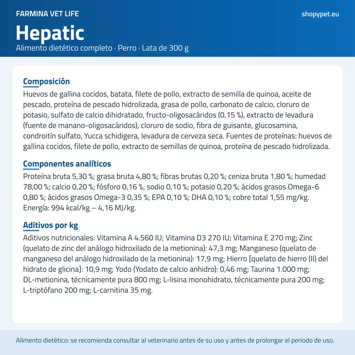Lámina de fondo claro con la composición completa de la comida húmeda hepática para perros