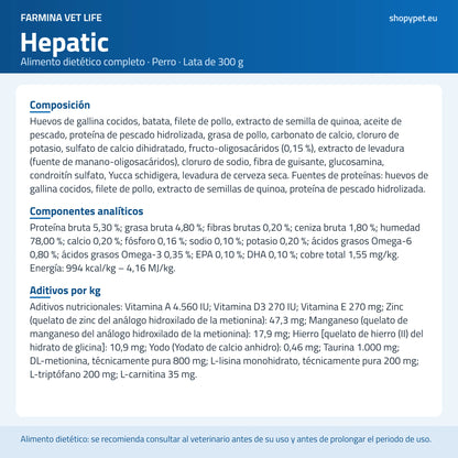 Lámina de fondo claro con la composición completa de la comida húmeda hepática para perros