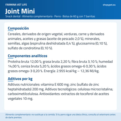 Lámina de fondo claro con la lista completa de ingredientes de Farmina Vet Life Joint en español