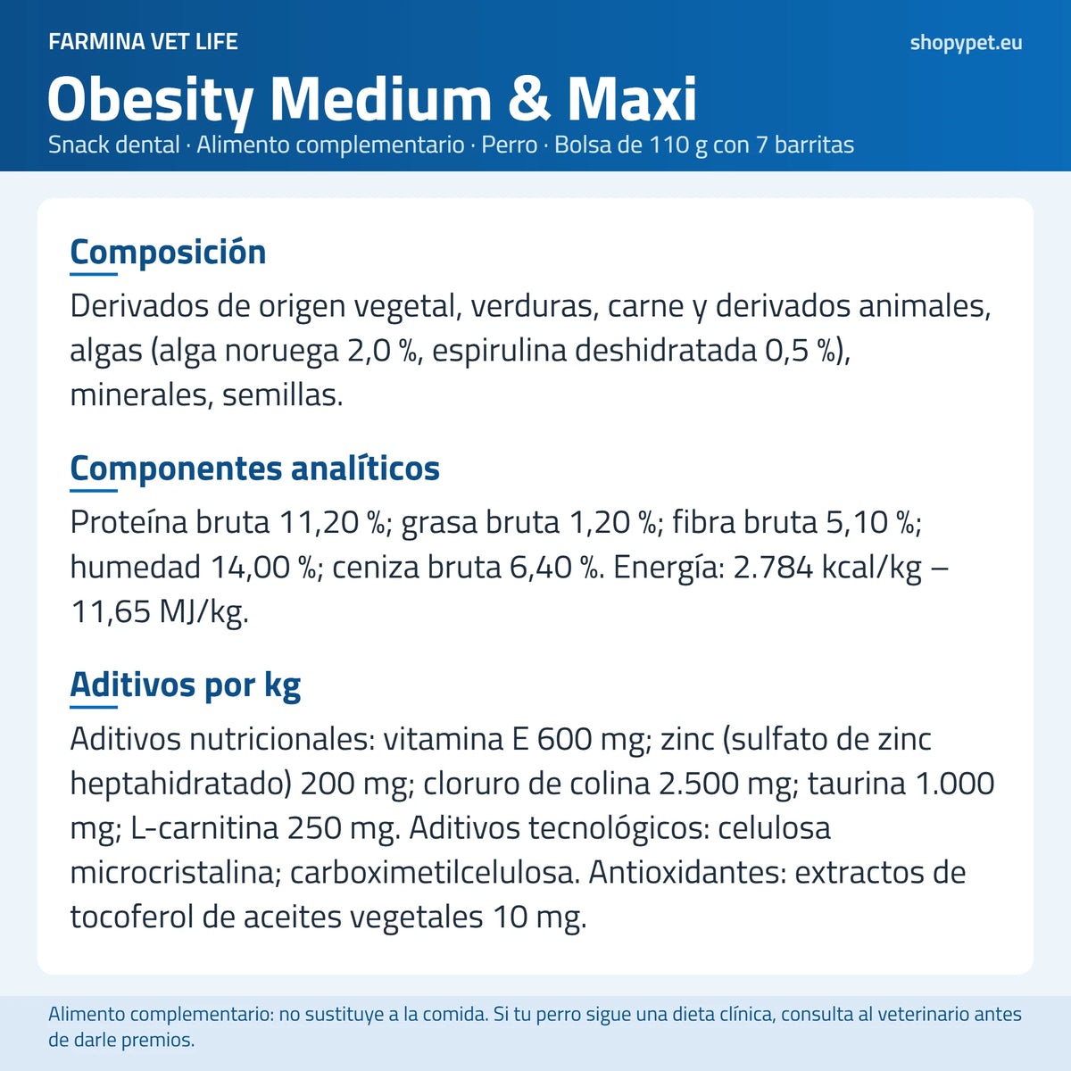 Lámina en español de fondo claro con la lista de ingredientes que Farmina publica para Vet Life Obesity