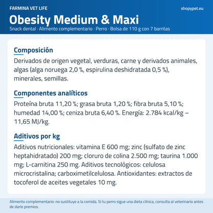 Lámina en español de fondo claro con la lista de ingredientes que Farmina publica para Vet Life Obesity
