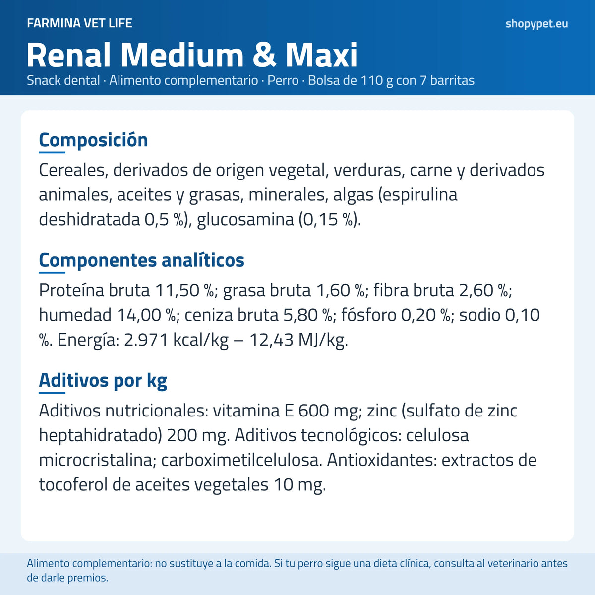 Lámina en español con los ingredientes de Vet Life Renal publicados por Farmina, sobre fondo claro