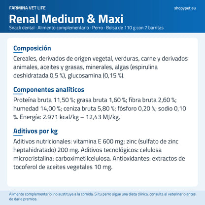 Lámina en español con los ingredientes de Vet Life Renal publicados por Farmina, sobre fondo claro