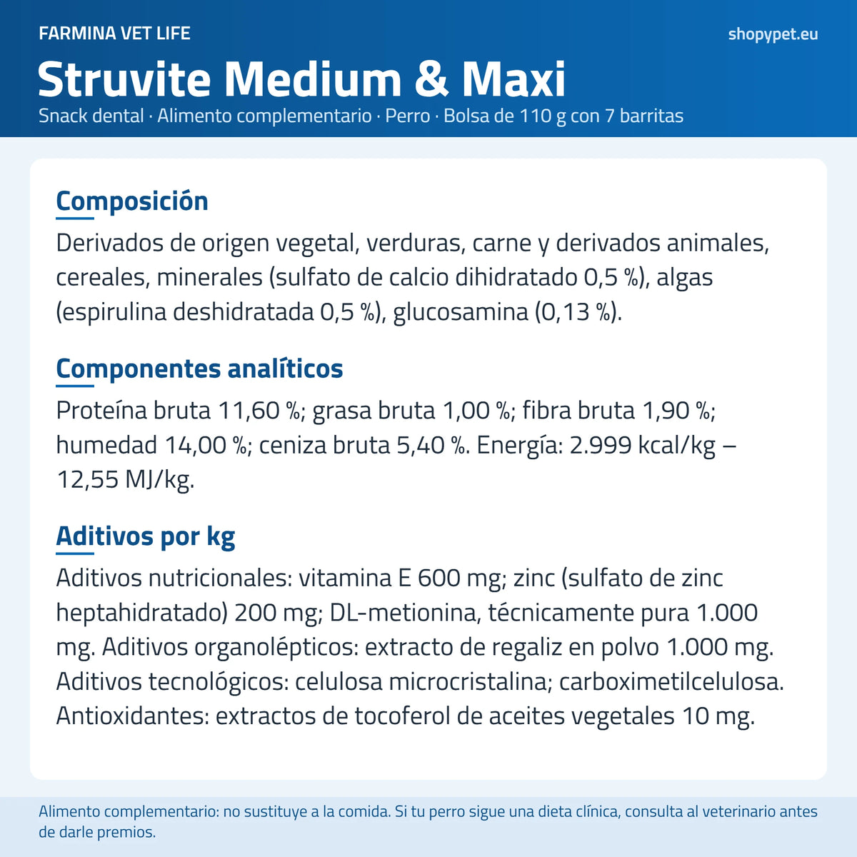 Lámina clara en español con todos los ingredientes que Farmina publica para Vet Life Struvite