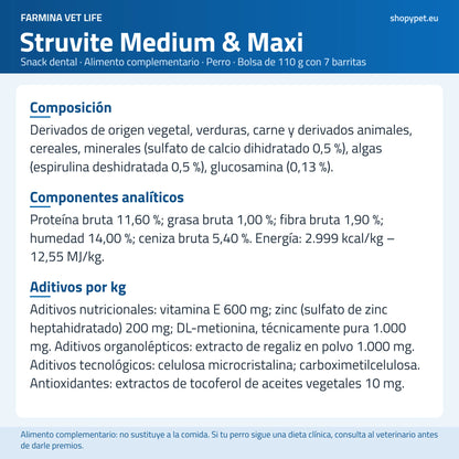 Lámina clara en español con todos los ingredientes que Farmina publica para Vet Life Struvite