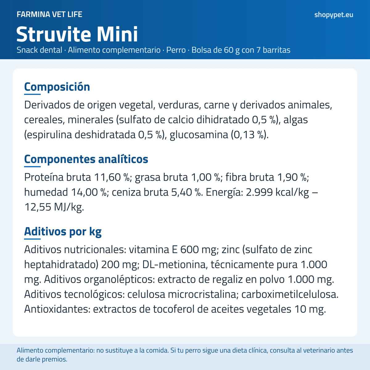 Lámina de fondo claro con la composición completa que Farmina publica para Vet Life Struvite
